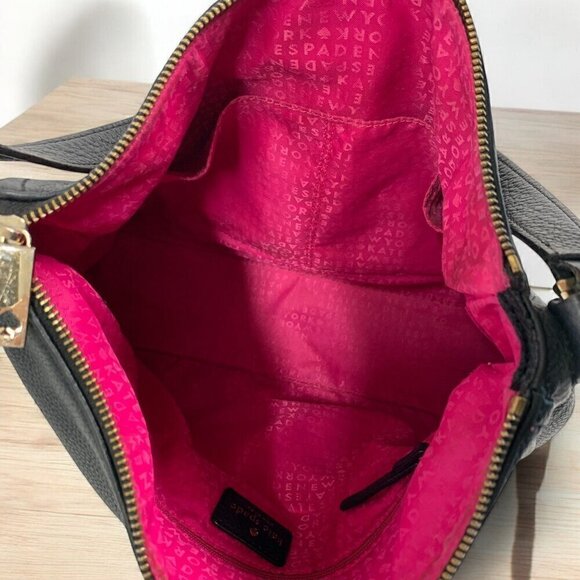 Kate Spade Black Leather hobo Shoulder Bag Pink Jacquard Lining WKRU3028 - Picture 9 of 16